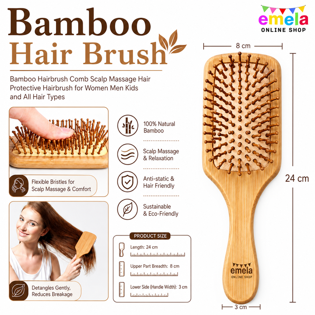 Natural Bamboo Wood Comb Professional Healthy Paddle Cushion Hair Loss Massage Brush Detangling Hairbrush for Massaging Scalp Hair Care Healthy Anti-static Hair Brush For Women & Men