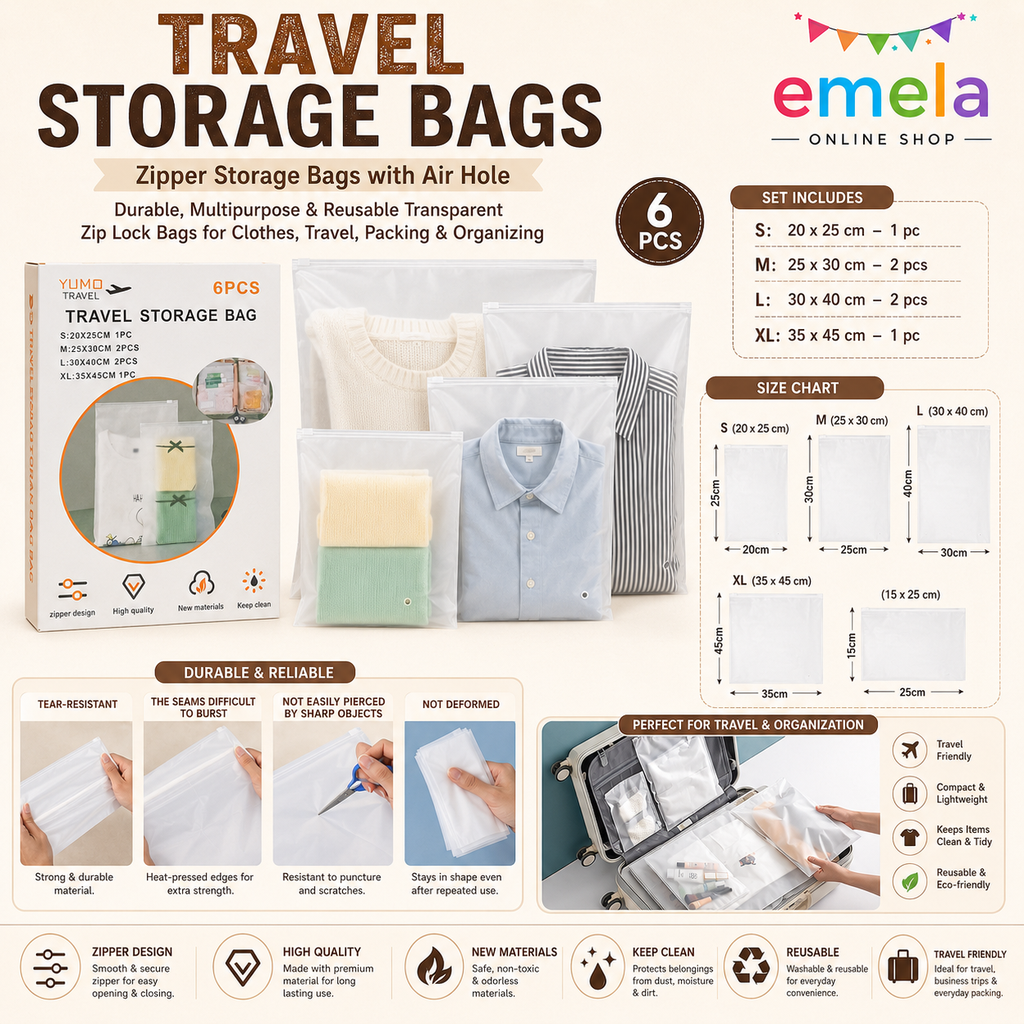 Travel Storage Bags, 6 Pcs Clothes Packaging Bags, Plastic Ziplock Bags, Reusable Frosted Waterproof Resealable Clothing Zipper Bags Pouch for Travel Shoes Clothes Cosmetics Storage Bag