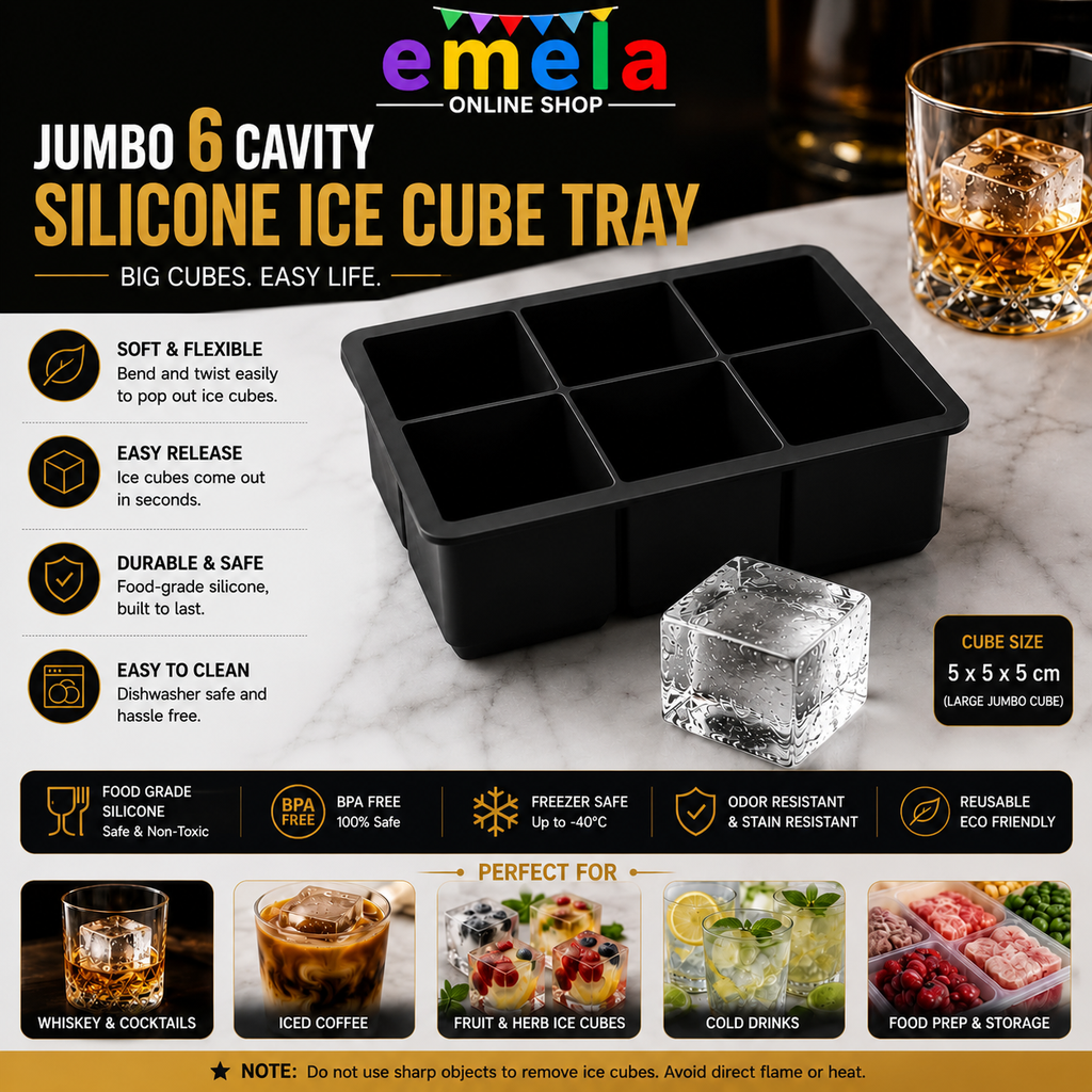 Ice Tray 6 Big Cavity BPA Free Mold Giant Jumbo Large Food Grade Silicone Ice Cube Square Tray Mold DIY Ice Maker Ice Cube Tray, 1 Pc (Black)
