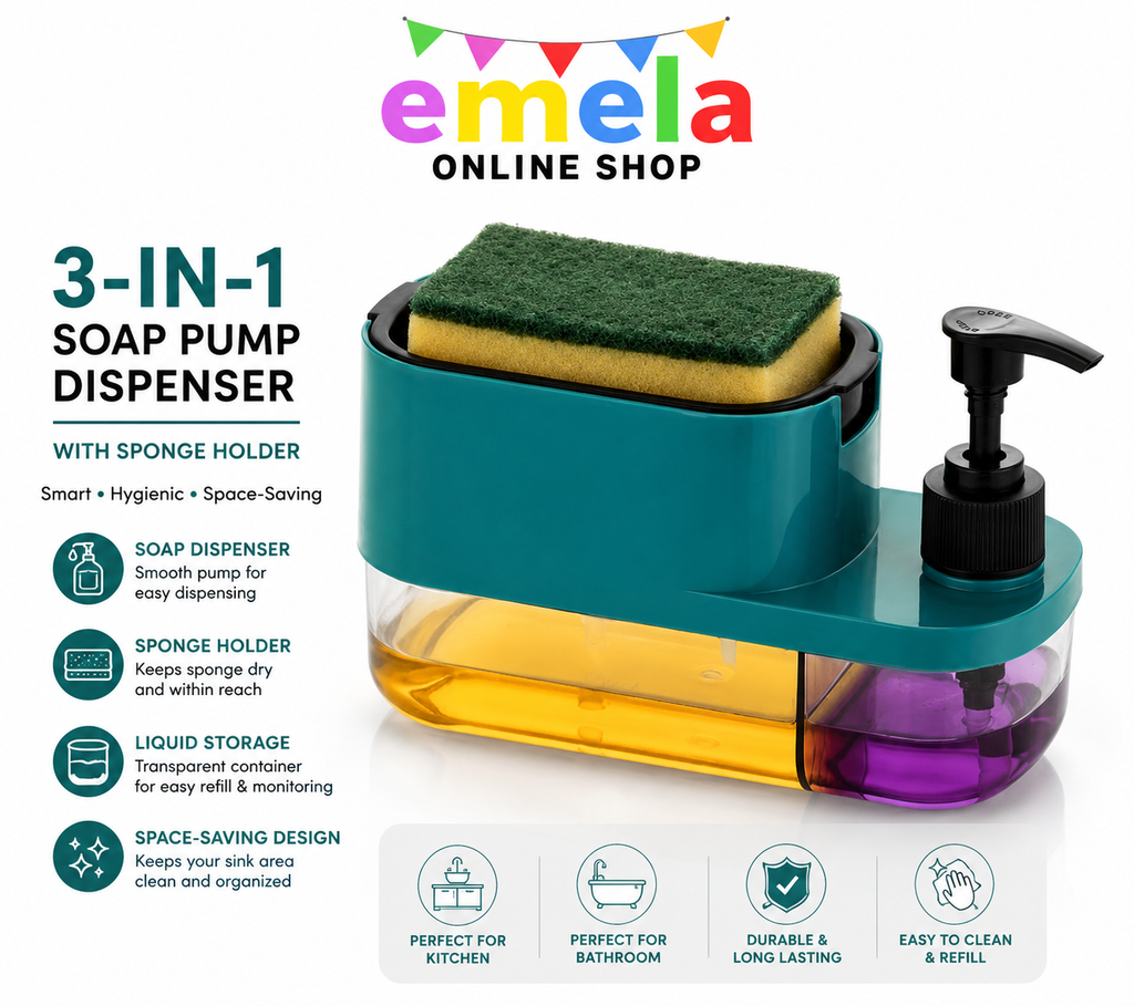 3-in-1 Soap Pump Dispenser with Sponge Holder, Liquid Soap Dispenser for Kitchen & Bathroom Countertop, Space-Saving Dishwashing Soap Organizer