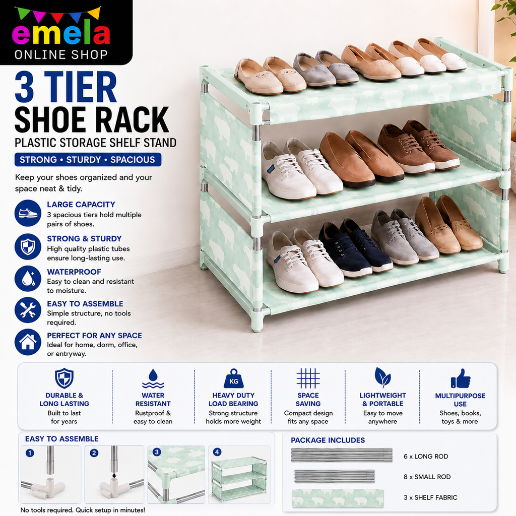E Mela Shoe Rack 3 Tier Plastic Storage Shelf Stand (3 Layer)