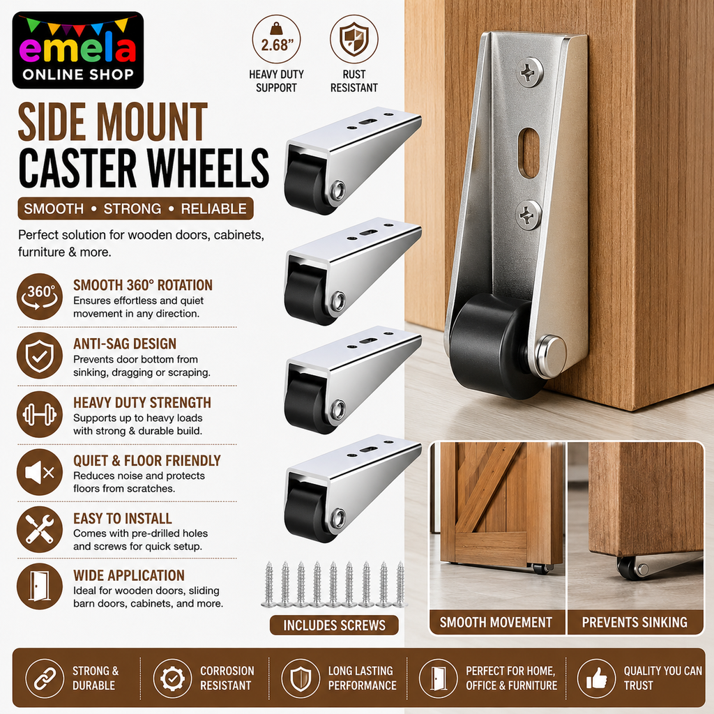 Side Mount Caster Wheels – 2.68 Heavy Duty Support Wheels for Wooden Doors, Smooth 360° Rotation, Anti-Sag Sinking Door Bottom Pulley, Directional Mobility Rollers