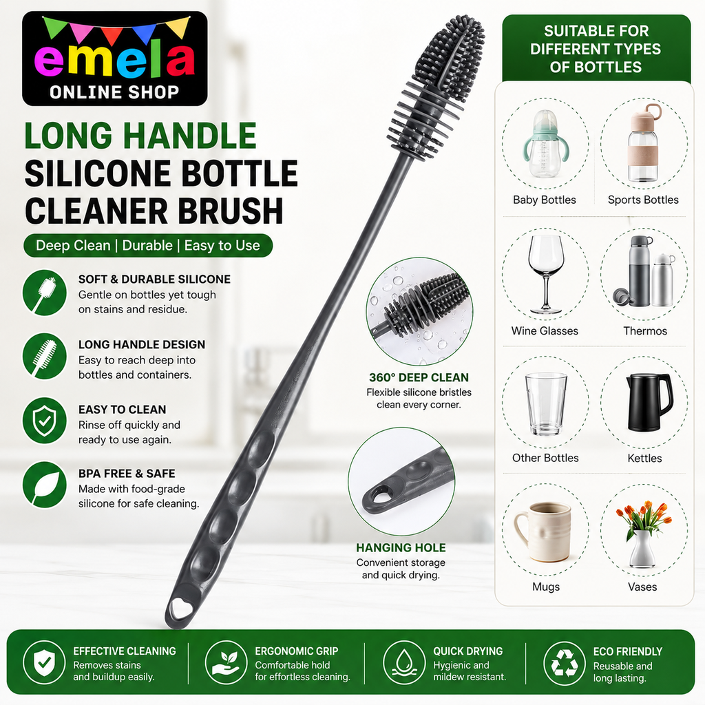 Long Handle Silicone Bottle Cleaner Brush for Washing Water Bottle || Solution Bottle Mug Cleaning Brush || [Color - Grey] [Pack of 1]