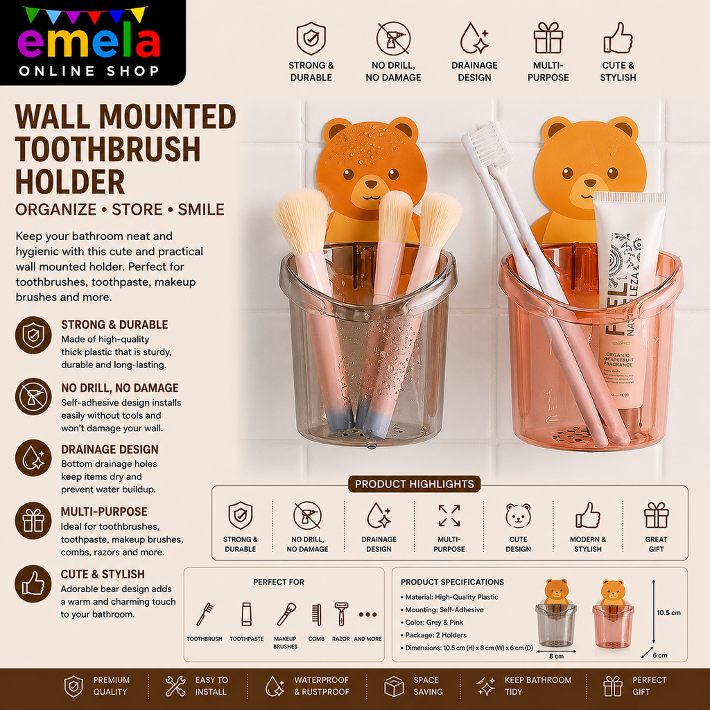 [TEDDY BRUSH HOLDER-2 PC PACK] eddy Bear Brush Holder Plastic Stand for Toothpaste Lotion Kids Bathroom Cup Drain Waterproof Teddy Bear Magic Sticker No Need to Drill Bathroom Storage Organizer Accessories (Pack of 1