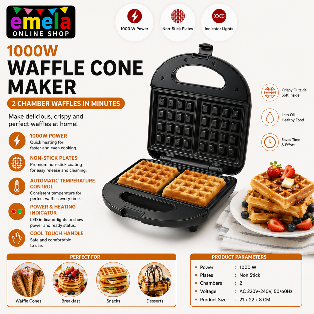 Waffle Cone Maker with Non Stick Coating and Cool Touch Handle- 2 Chamber  Waffles in Minutes 1000 WT