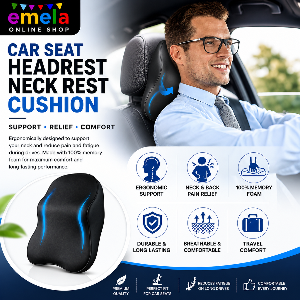 Car Seat Headrest Neck Rest Cushion – 100% Memory Foam Ergonomic Support Pillow for Neck & Back Pain Relief, Durable, Travel Comfort & Longevity”