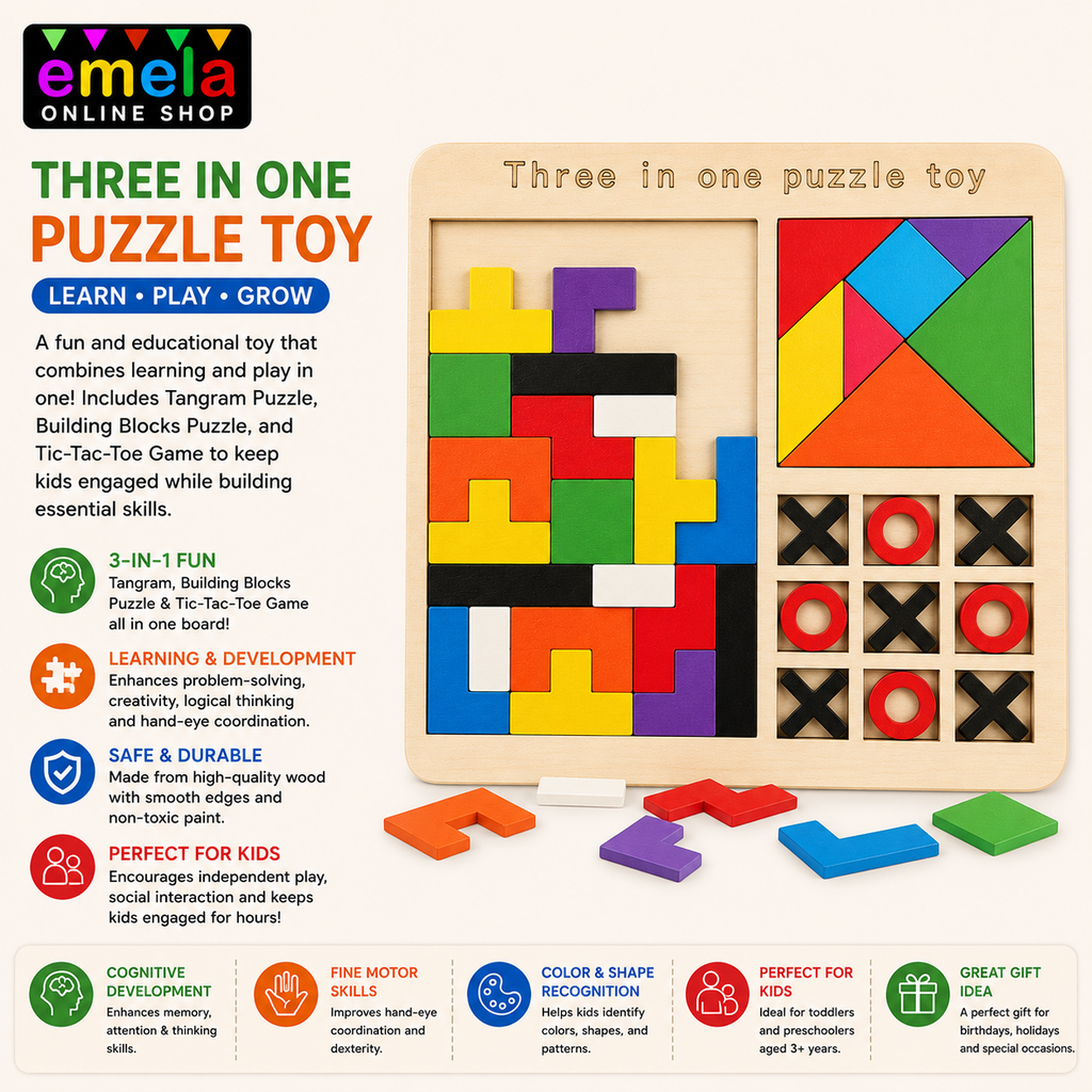 3-in-1 Wooden Educational Puzzle Board, Tangram, Building Blocks and Tic-Tac-Toe Game Set, Mathematics Puzzle, Multicolour
