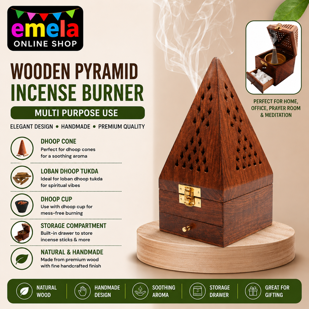 Wooden Pyramid Handmade Incense Burner Stick Holder Ash Catcher Wood Home Decor Holder Agarbatti & Dhoop Dan(Box) Brown Includes Storage Compartment for Incense Sticks