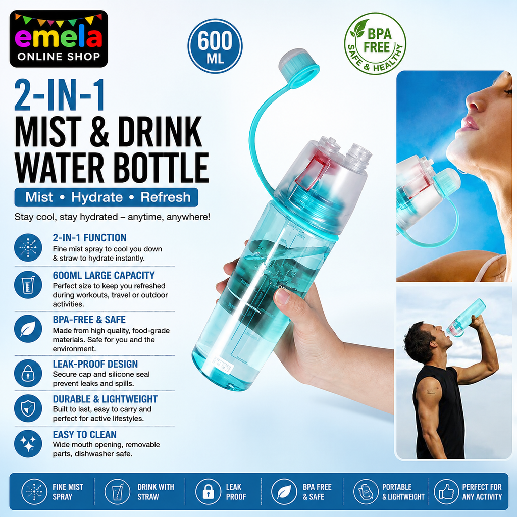 2-in-1 Mist & Drink Water Bottle, 600ml Sports Spray Bottle with Straw, Leak-Proof, BPA-Free, Dishwasher Safe, Durable Sipper for Gym, Cycling, Outdoors, Cool Summer Hydration (MULTICOLOR)